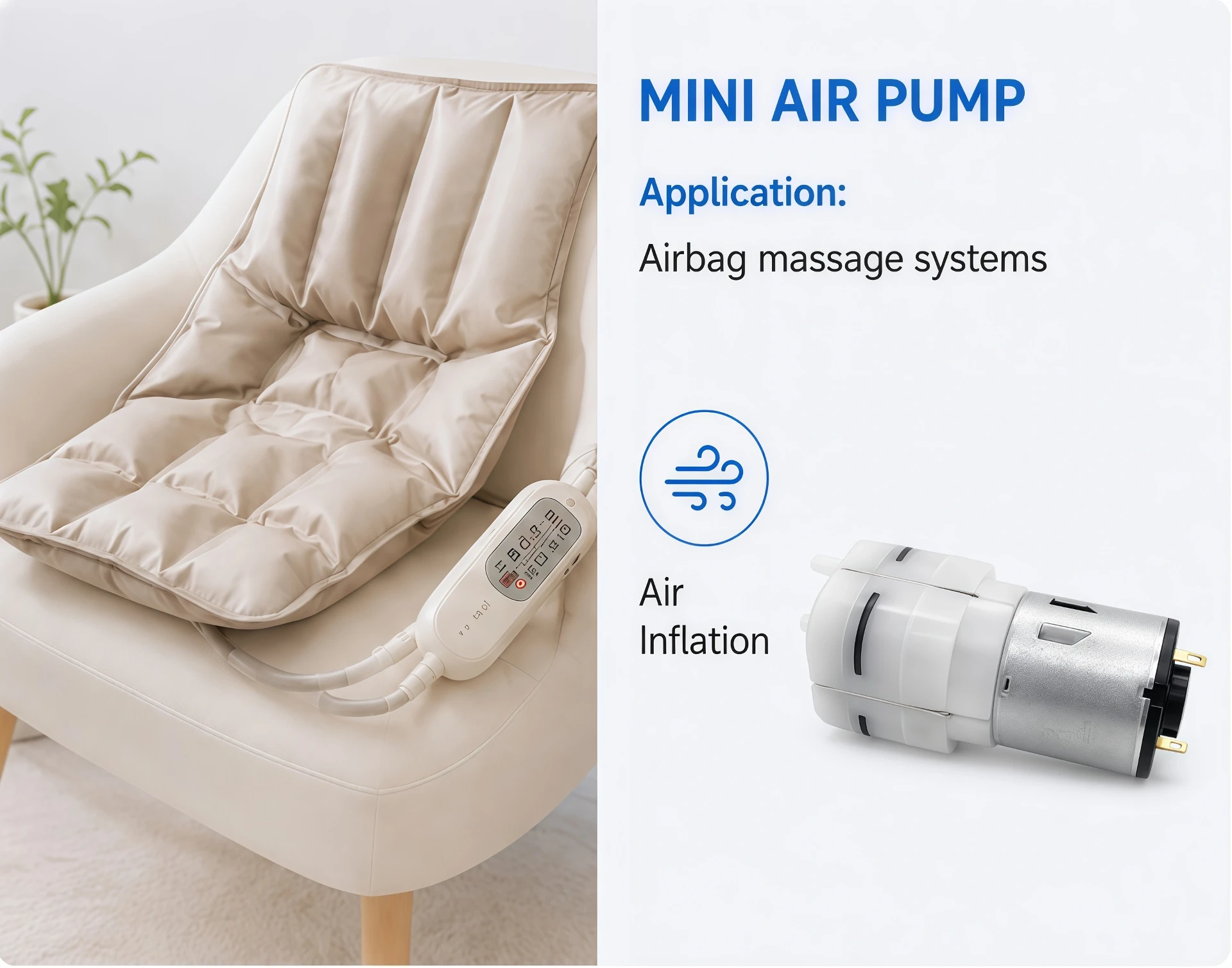 Mini air pump for airbag massage systems and pressure inflation applications Mini air pump for airbag massage systems and pressure inflation applications