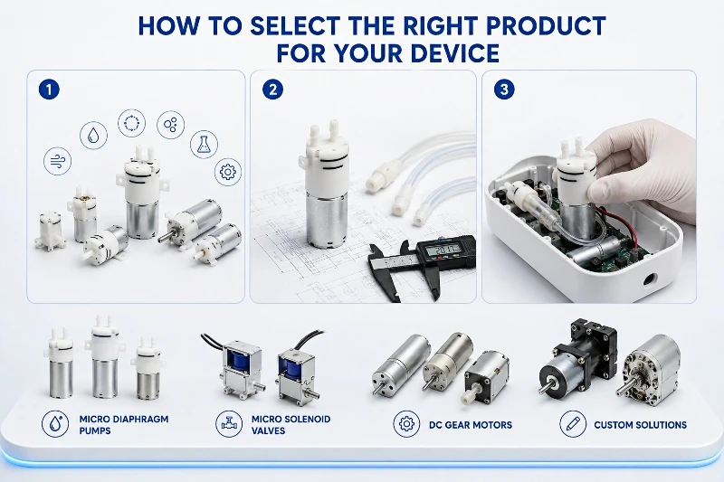 Micro pump, solenoid valve and DC gear motor selection guide for OEM device integration Micro pump, solenoid valve and DC gear motor selection guide for OEM device integration